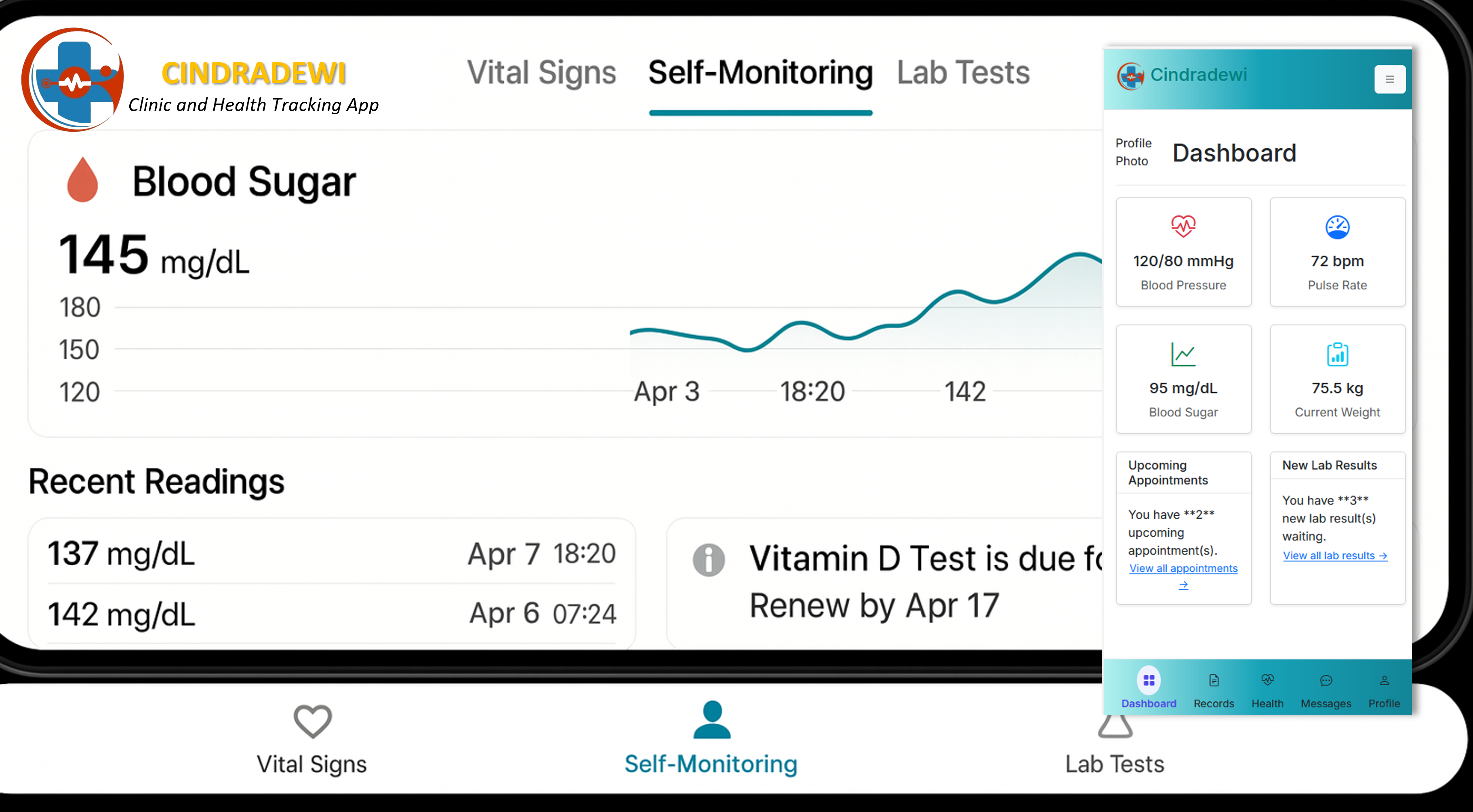 Patient health tracking app interface